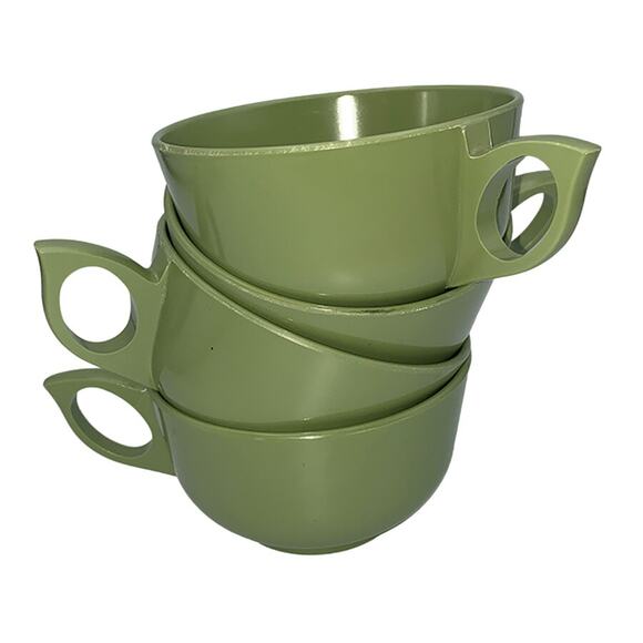 Vintage Melamine 7-Pc Set Avocado Green Cups (#108) Bowl (#106) Creamer (#107) - Picture 3 of 10